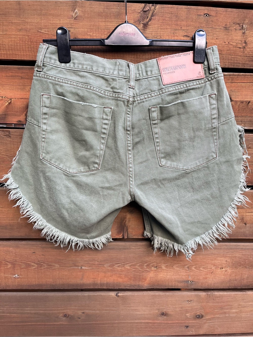 One Teaspoon Frankies Frayed Military Green Denim Shorts - Picture 2 of 9
